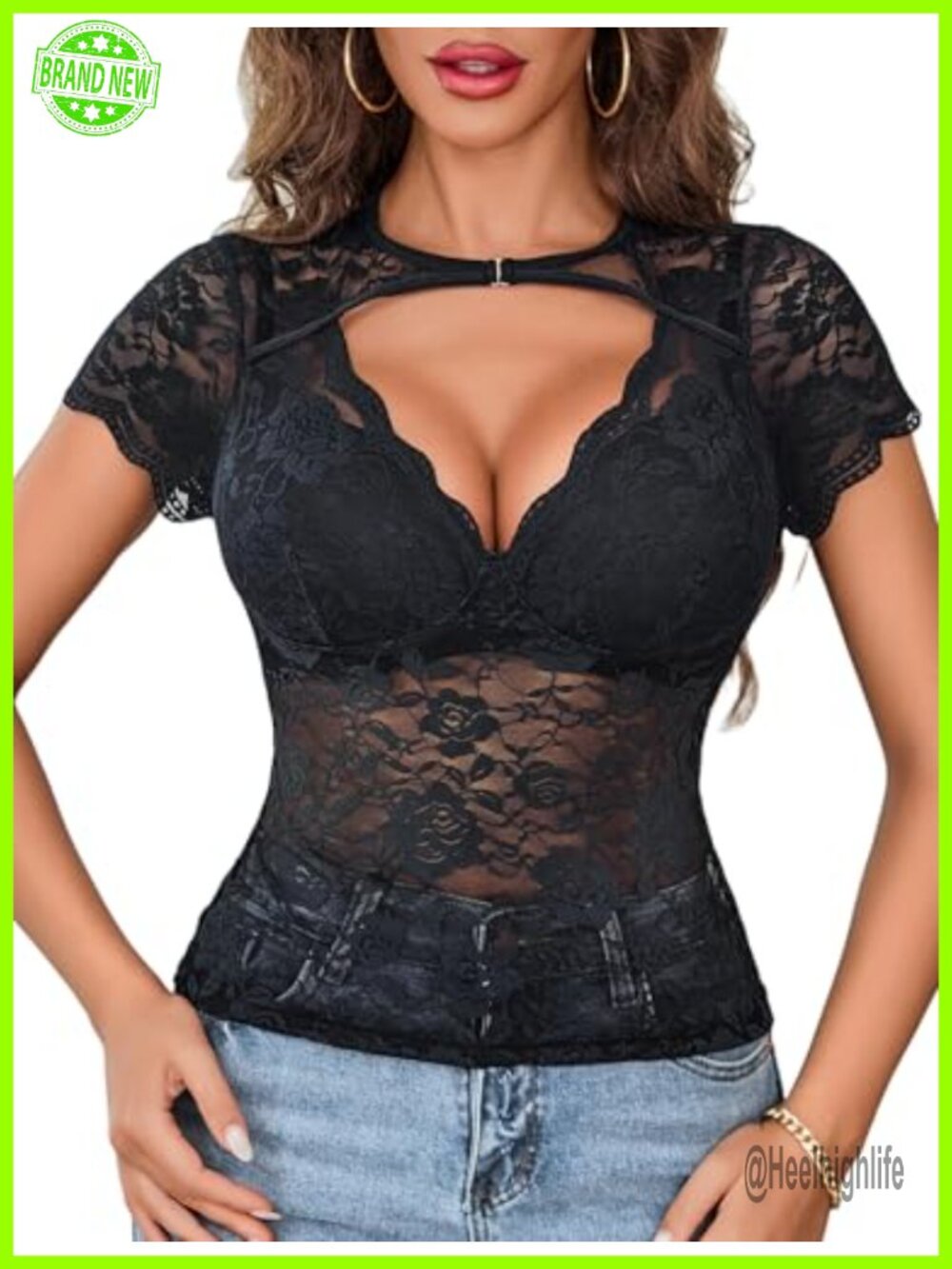 Women's Lace Mesh Short Sleeve Top Floral Sheer See Through Blouse Sexy Tops